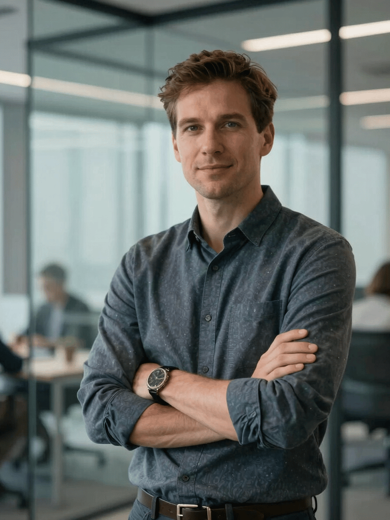 A professional portrait of a tech expert in a modern, brightly lit glass office, wearing business casual attire, looking confident, Global / International professional environment.