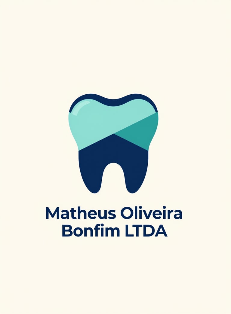A minimalist and sophisticated logo for Matheus Oliveira Bonfim LTDA, featuring abstract geometric tooth elements in #2C3E50 and #9DC3C2 on a clean #F8FDFE background.