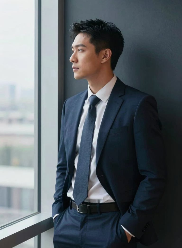 A confident executive in a North American / US business setting, leaning against a dark navy accent wall, looking towards a bright window, professional and modern atmosphere.