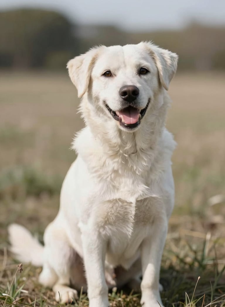 A hopeful and happy rescued mixed-breed dog sitting in a sunny field, professional and inviting photography, incorporating soft natural brand tones like #A4BBAA and #F4F6F4.