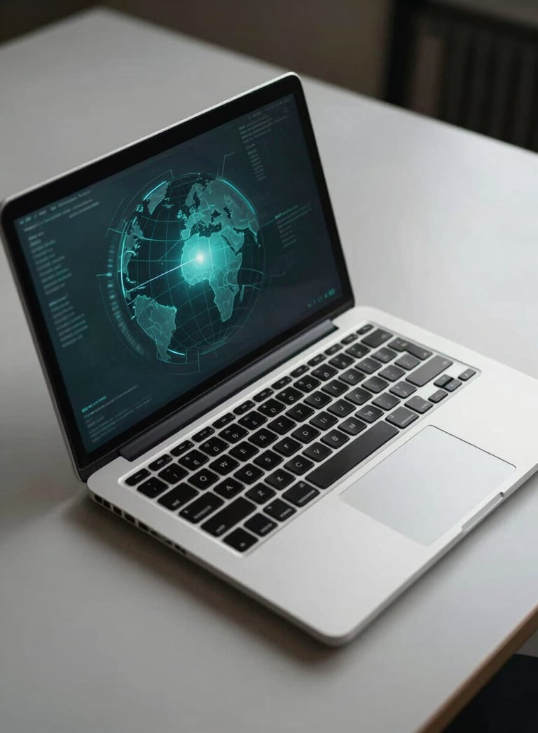 A professional setting featuring a sleek laptop on a minimalist desk with ambient light teal reflections, symbolizing intelligence and innovation, Global / Modern.