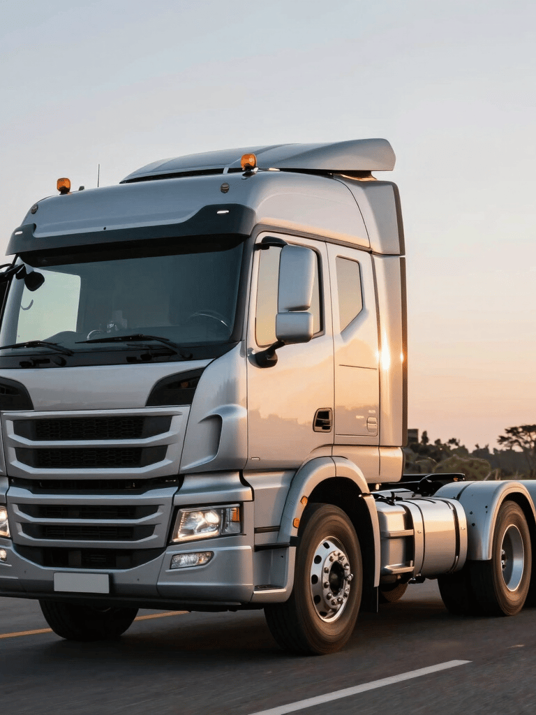 A sleek silver modern heavy-duty truck driving on a well-maintained South American highway at golden hour, focus on the polished cabin reflecting the sunrise, professional photography.