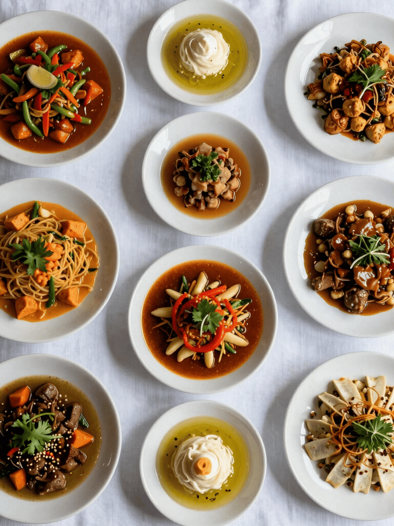 A top-down composition of high-end halal Mediterranean dishes on a clean white tablecloth, soft morning light, focusing on textures and colors of the food, no people, premium aesthetic.
