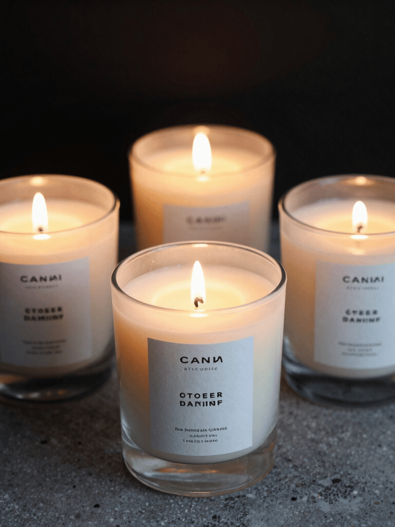 A cozy arrangement of glowing purple and orange scented candles surrounded by small crystals under a starry night backdrop