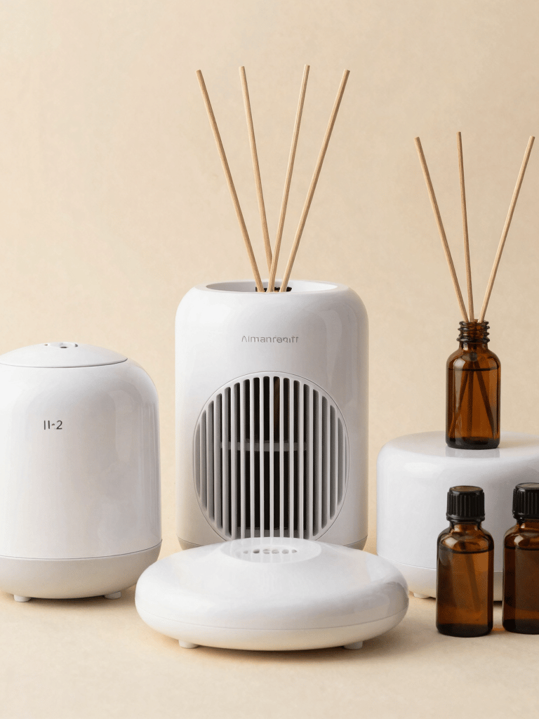 A serene display of amethyst, rose quartz, and citrine crystals on a natural wood surface with soft morning light