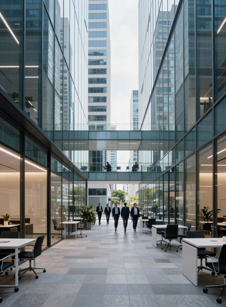 A wide shot of a modern, professional corporate office in a Latin American city center. Clean glass walls, minimalist furniture, and a group of professionals in the distance. The lighting is bright and airy with soft navy blue tones.