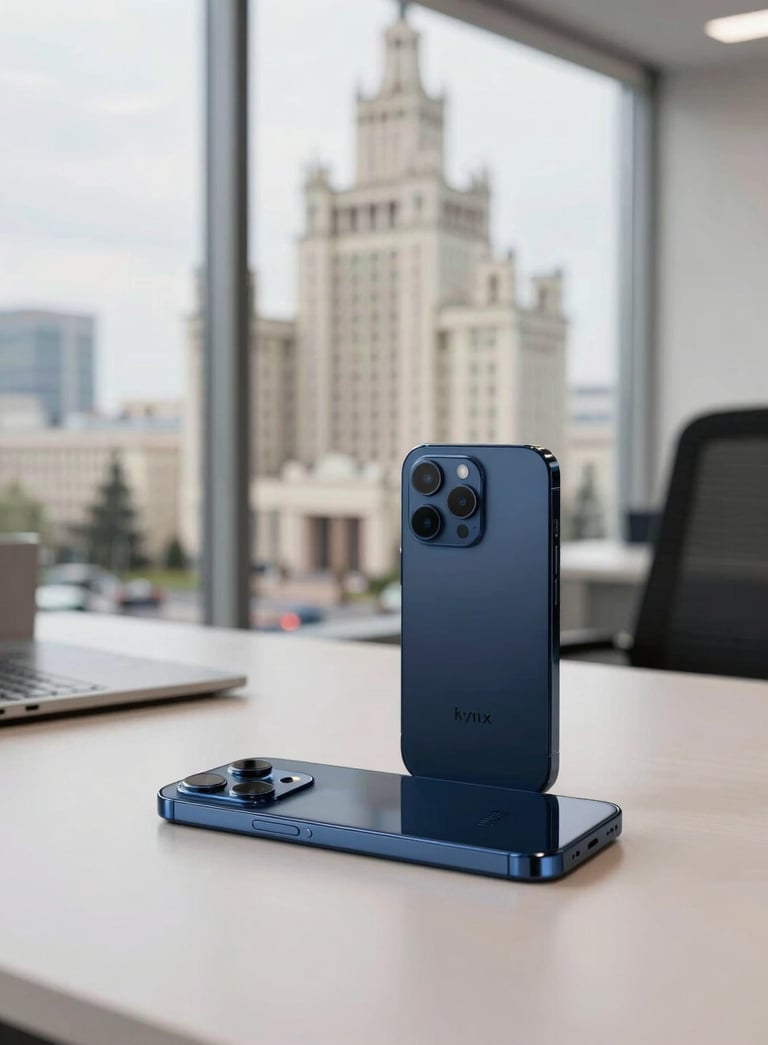 A sophisticated lifestyle photography shot of a high-end smartphone on a desk in a bright Kyiv office. The background is a soft-focus view of contemporary Eastern European / Ukrainian urban architecture. Palette dominated by dark blue and off-white tones.