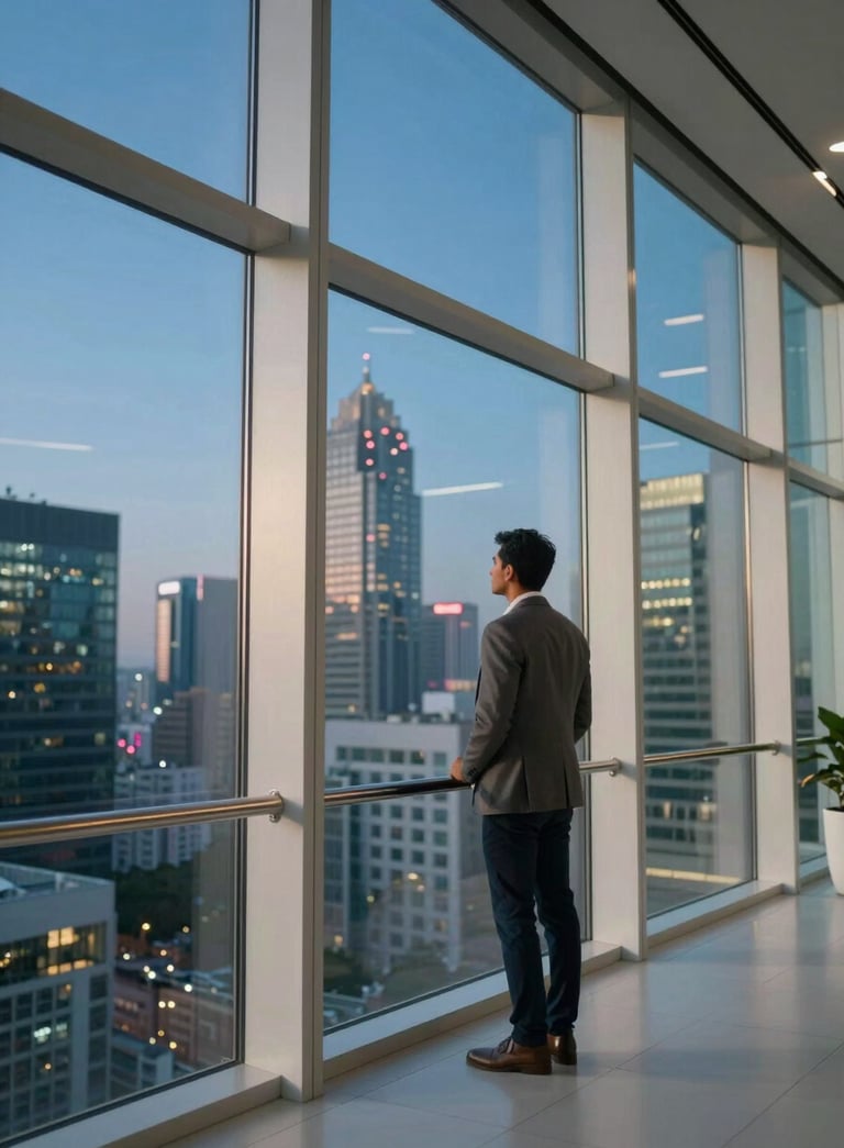A cinematic wide shot of a modern, glass-walled office interior in a South Asian tech hub. A professional man in a smart-casual blazer stands by a window looking over a city skyline at dusk. Deep blue and off-white color palette.