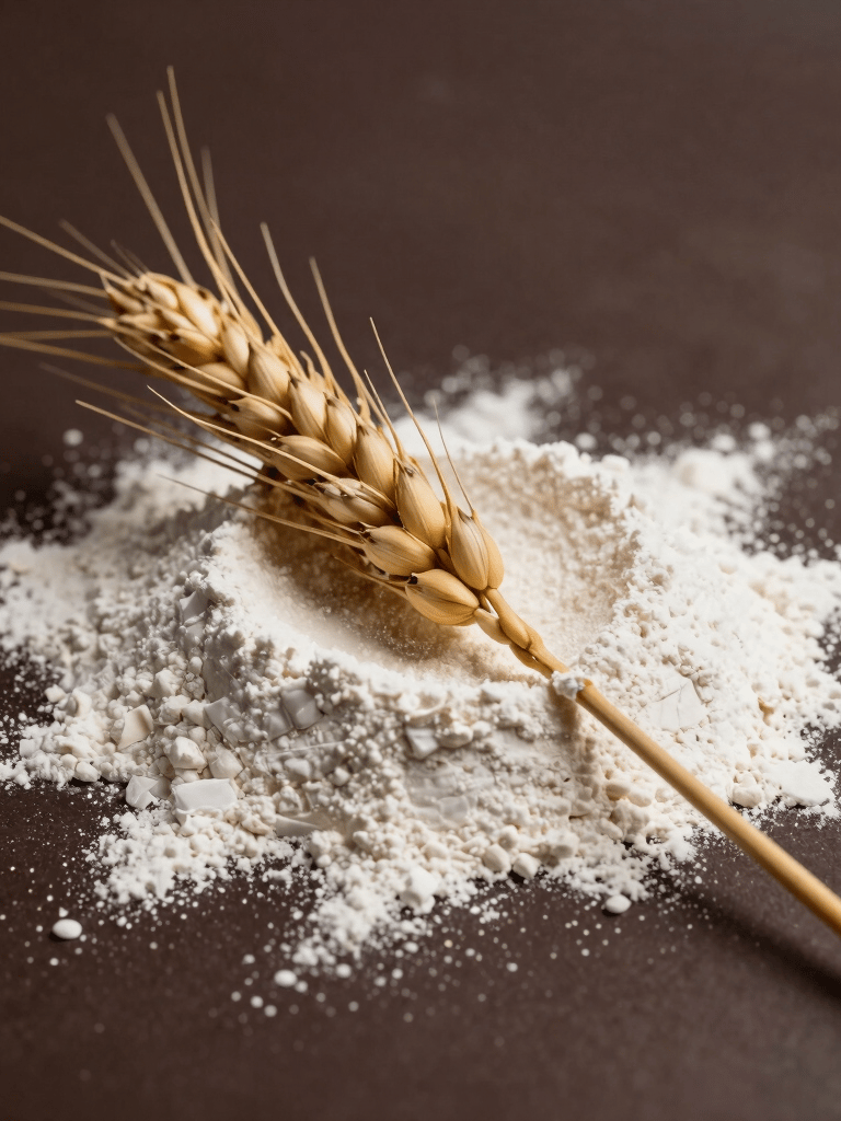 Macro photography of a wheat stalk resting on a dusting of flour over a dark chocolate brown surface, minimalist and elegant, professional studio lighting.