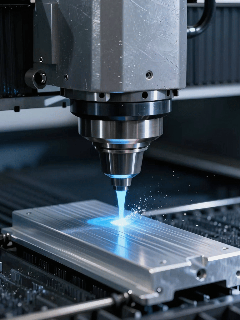 A dynamic shot of a CNC milling machine head in action, cutting through solid aluminum with a stream of light blue coolant. Precision engineering environment in Spain, featuring a clean, dark industrial aesthetic with Midnight Blue shadows.