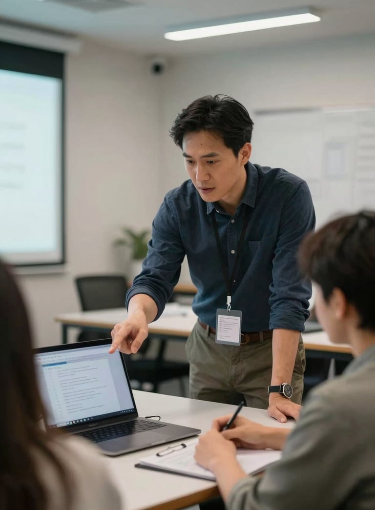 A focused instructor pointing to a laptop screen while explaining a concept to an engaged adult student in a professional North American training center, soft professional lighting, modern interior.