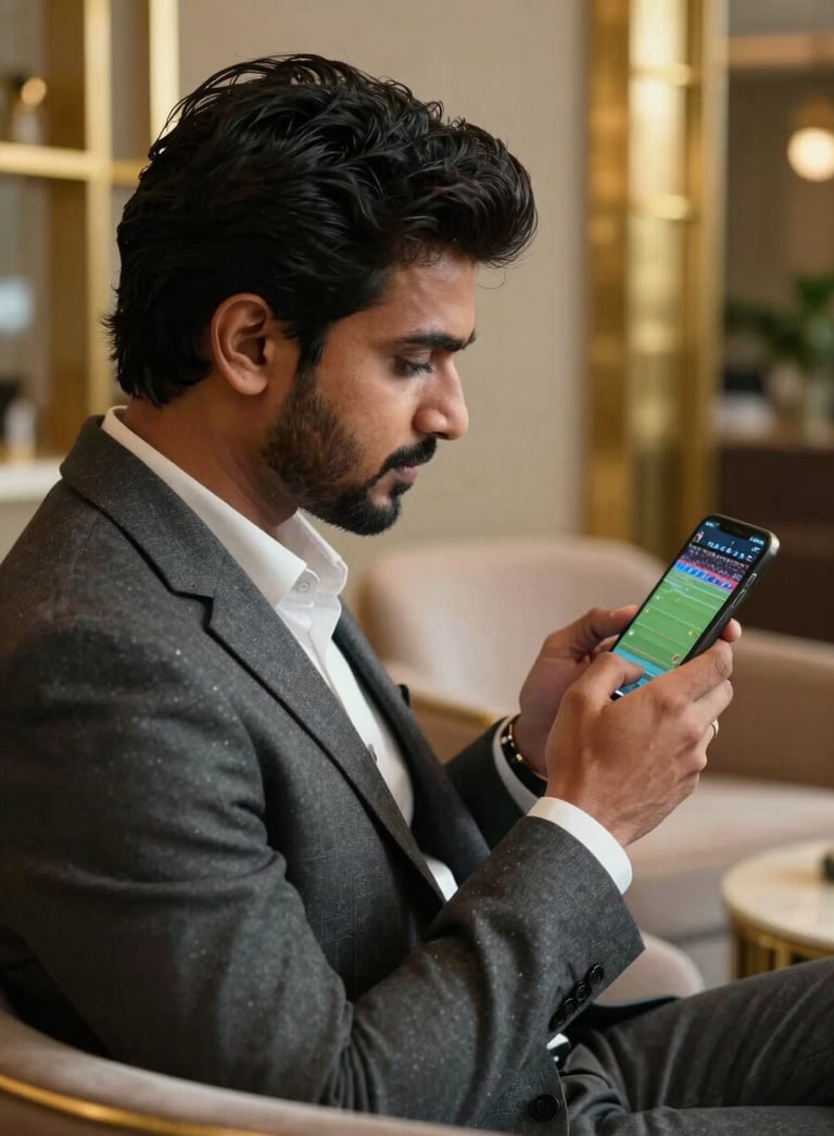 A sophisticated South Asian individual in a premium dark grey blazer looking at a smartphone screen displaying live sports statistics in a luxury lounge with gold highlights.