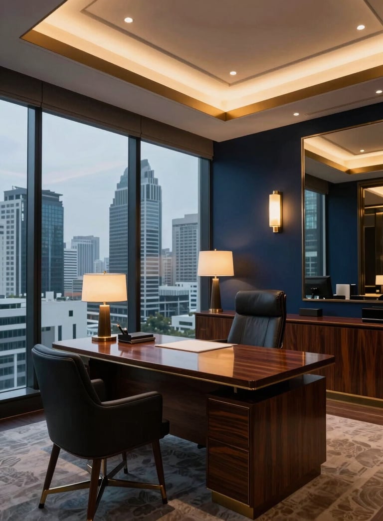 A sophisticated, high-end private office overlooking the modern Bangkok skyline at dusk. The interior features deep navy walls, warm gold light fixtures, and polished dark wood furniture. The atmosphere is quiet, exclusive, and professional.