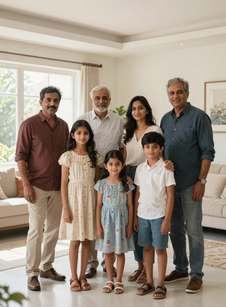 A professional South Asian family standing together in a bright, modern Indian home. They look confident and secure. The room features a clean, sophisticated design with off-white walls and soft natural light from large windows.