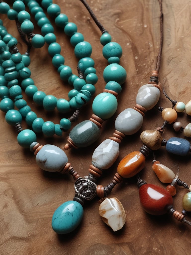 A street market stall features an array of handmade jewelry displayed on wooden platforms and circular trays. The crafts include necklaces and bracelets, emphasizing a rustic, natural aesthetic. Signs in the background suggest a theme of returning to nature. The setting has a casual, artisanal vibe.