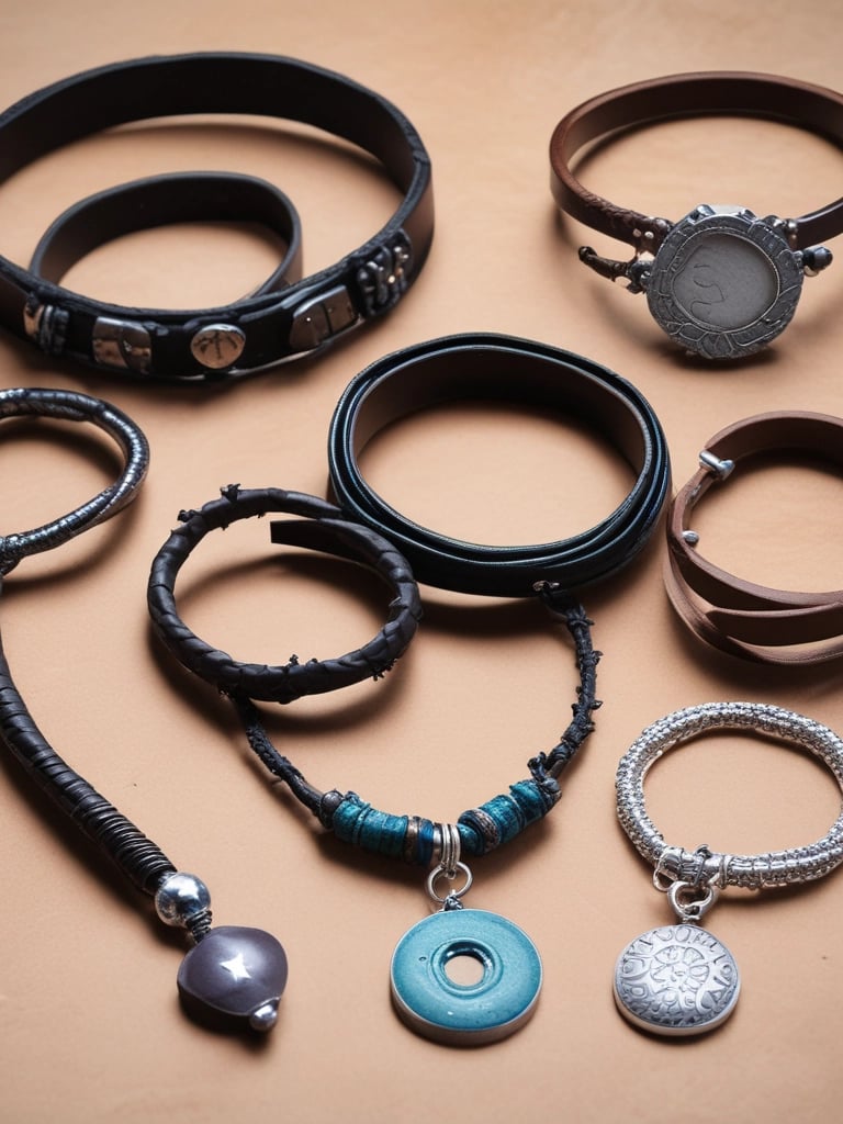 Several pieces of jewelry, including earrings and a necklace with green stones, are placed on a weathered tree stump. The jewelry has metal fittings, giving it a rustic and elegant look.