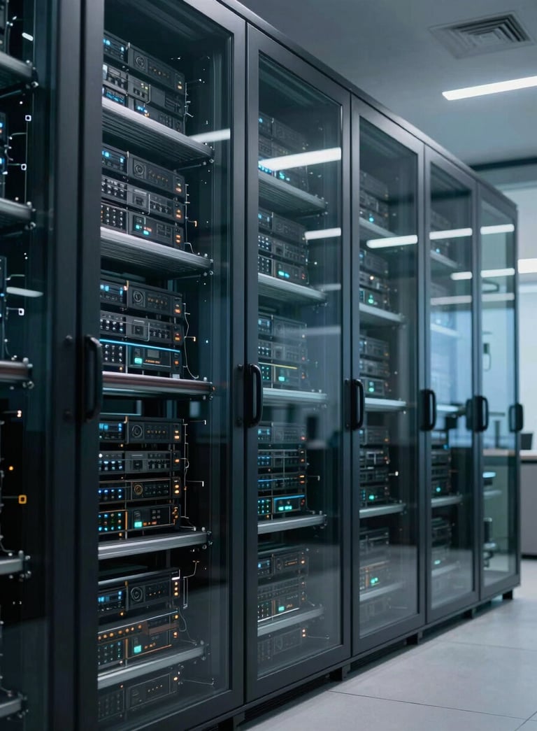 Photography of a high-tech glass-walled data center with cool blue and charcoal gray tones, atmospheric lighting in a high-tech corporate setting, Global / Corporate.