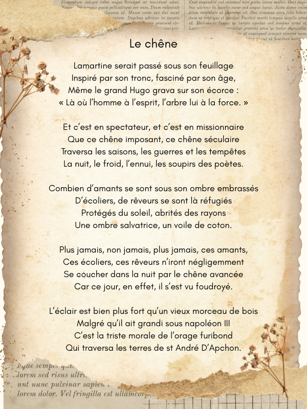 une lettre parchemin avec un poème intitulé: le chêne