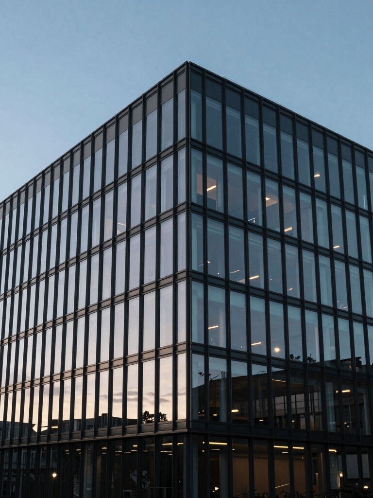 The sleek glass exterior of a modern British office building in Bristol, reflecting a soft light blue sky at dusk, conveying professional stability.