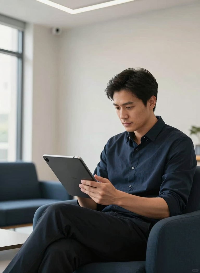 A focused professional in a modern North American / US tech office, interacting with a sleek Android tablet. The room features clean lines, a soft off-white wall, and subtle dark navy blue accents in the furniture. Natural light from a large window creates a bright, innovative atmosphere.