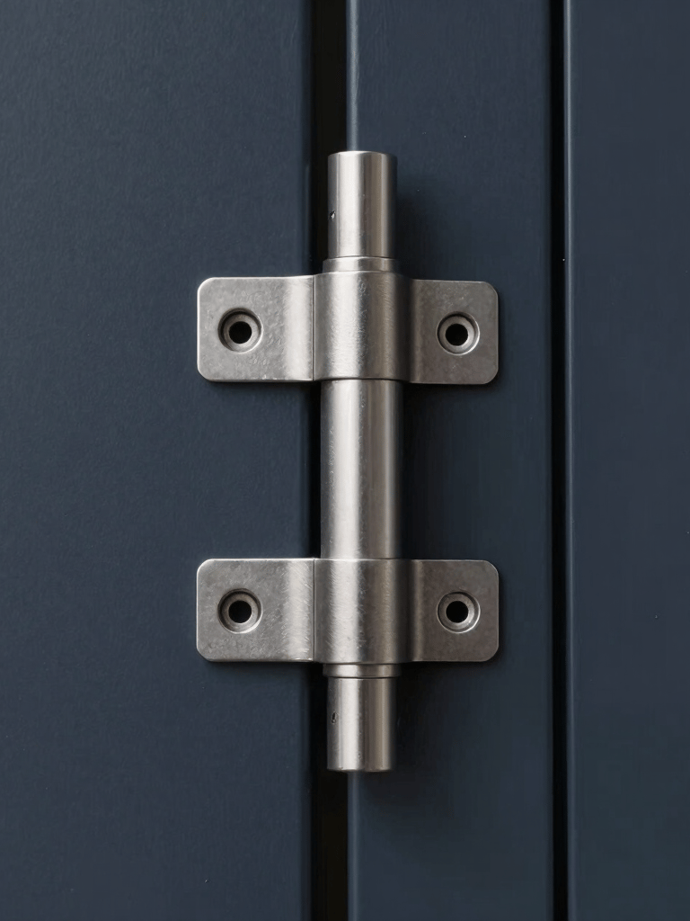 A minimalist architectural detail of a heavy-duty industrial door hinge, polished steel against a Dark Navy surface, sharp focus, modern industrial photography style.