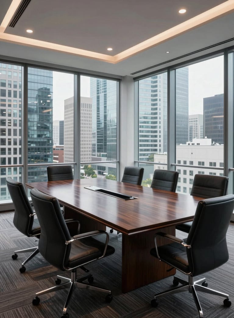 A wide-angle perspective of a modern executive boardroom with a polished dark wood table and floor-to-ceiling windows overlooking a global financial district, Global Business / Corporate.