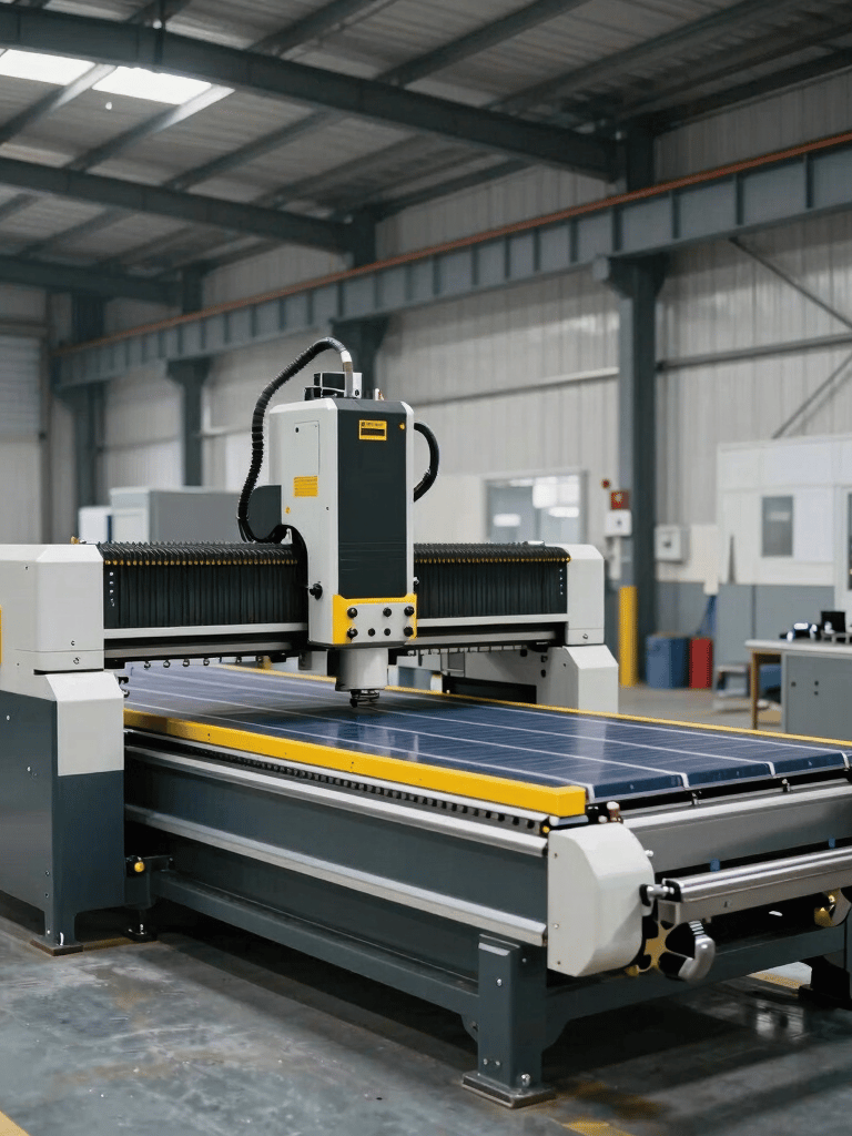 Wide-angle shot of an industrial warehouse floor in North American / Industrial setting featuring advanced CNC sheet metal fabrication machinery, sleek steel gray and solar yellow highlights.
