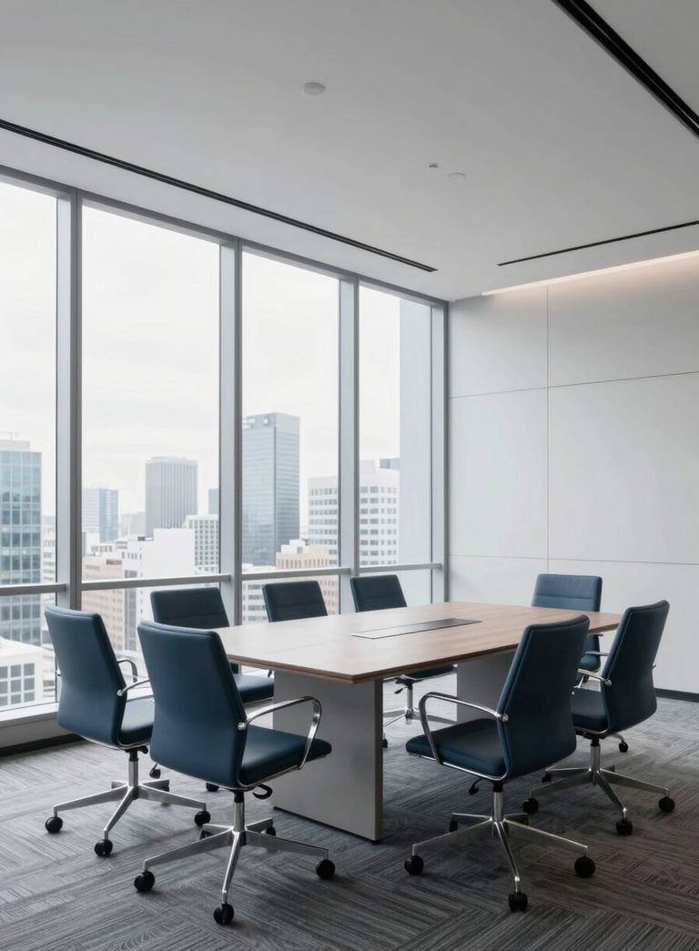 A wide shot of a bright, modern corporate meeting room in a North American high-rise. The aesthetic is clean and professional with floor-to-ceiling windows. The color palette features light grey and muted blue accents.