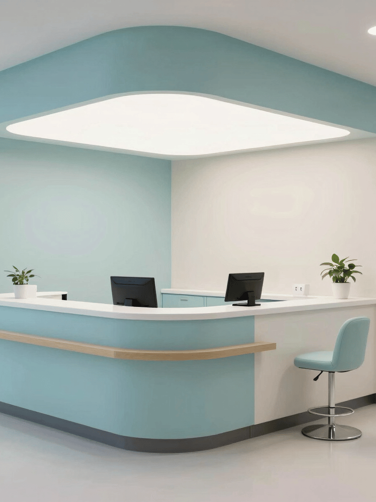 A bright, sterilized modern North American medical clinic reception area with light blue and off-white accents, minimalist furniture, and soft professional lighting.