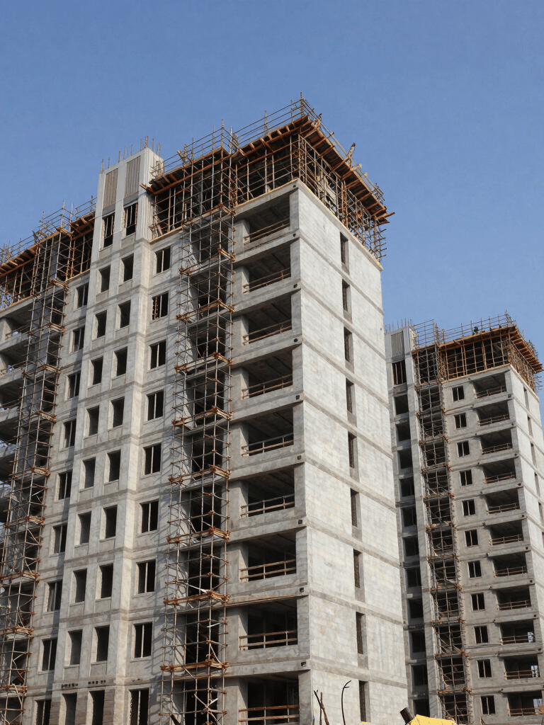 A wide-angle professional photograph of a modern residential development in India under construction, featuring complex scaffolding and clean structural lines against a clear blue sky.