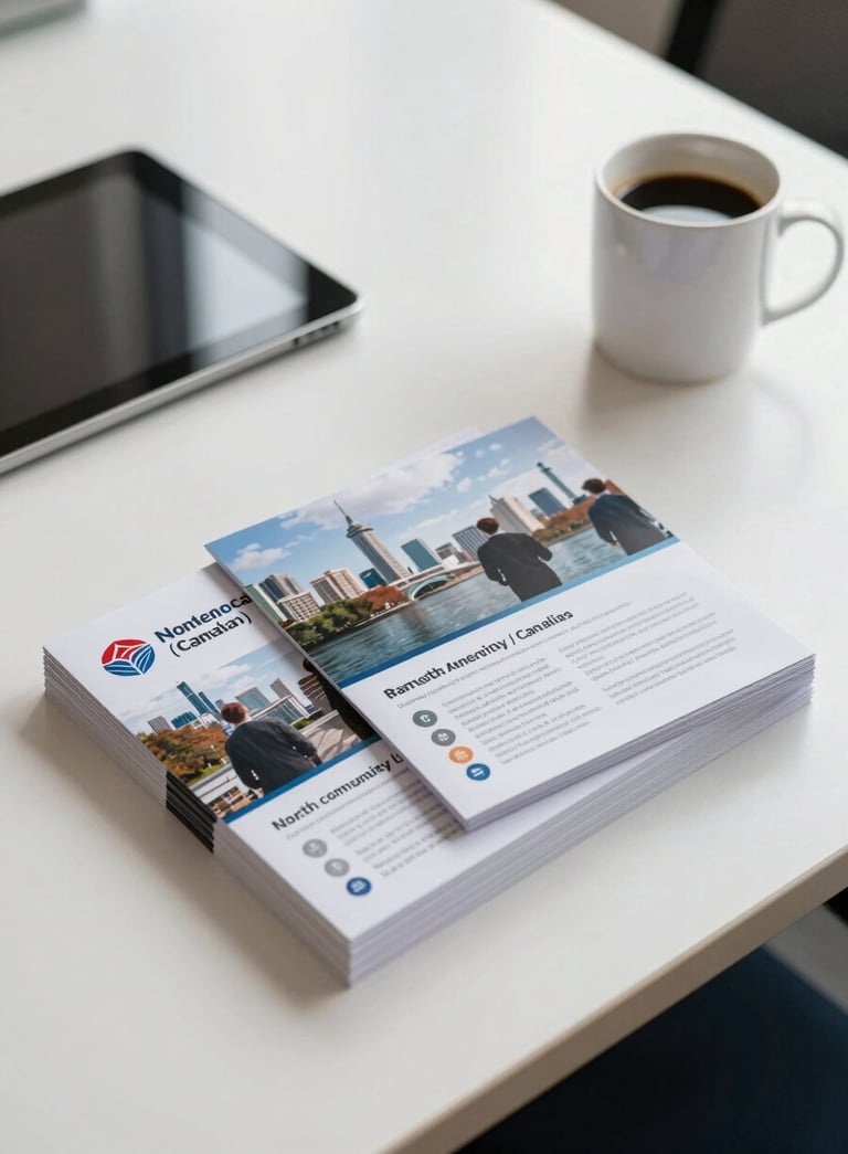 A top-down view of a modern desk in a Toronto office featuring a stack of professionally designed community flyers, a tablet, and a coffee mug, bright natural light, professional North American / Canadian setting.