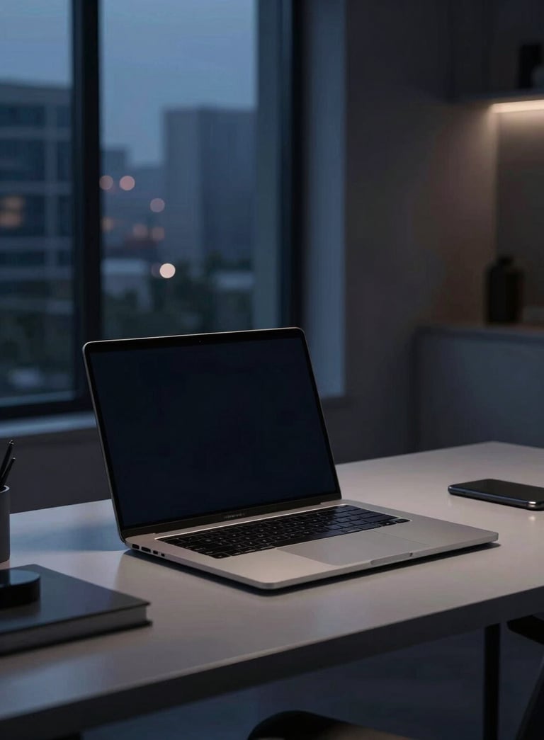 A minimalist, high-tech desk setup in a North American / US home office with a sleek laptop, soft midnight navy lighting, and a view of a modern urban evening.