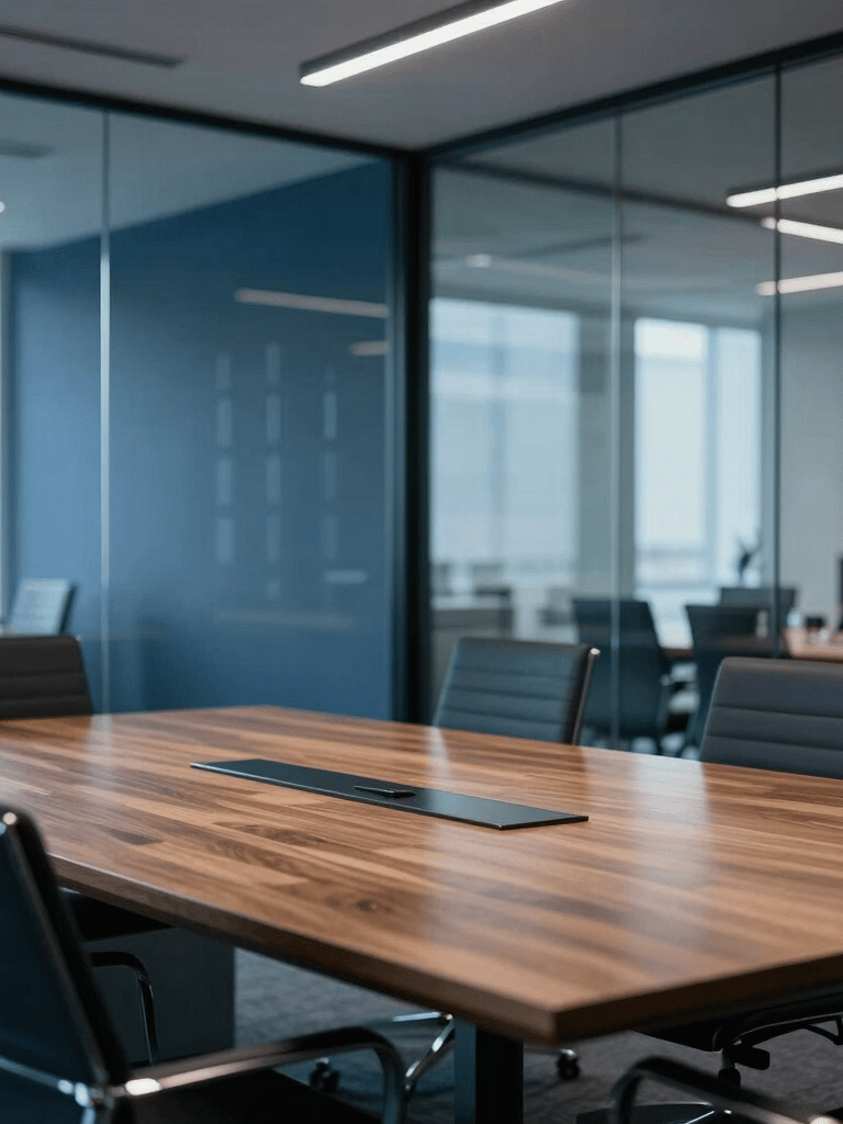 Professional photography of a sleek, modern business conference room in a Central European office. Soft daylight illuminates a polished wooden table and glass partitions, conveying a sense of transparency and high-level strategy. The color palette includes shades of dark blue and steel blue.