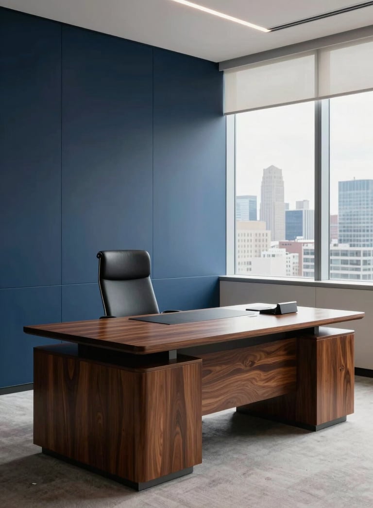A high-end, minimalist North American executive office with a polished mahogany desk, soft natural light, and a view of a clean city skyline, featuring deep blue and off-white tones.
