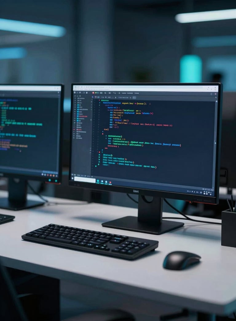 A high-tech, modern office environment with blurred computer screens displaying lines of code in the background. In the foreground, a sleek professional workspace with a clean desk. Lighting is sophisticated with deep blue and teal highlights (#0F1D33, #4CAF9D) to match the Cybertic brand mood.