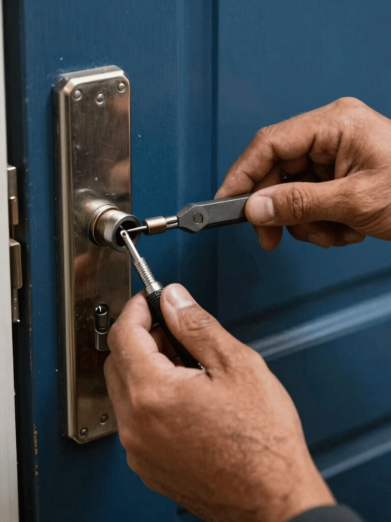 A close-up high-quality photo of a professional locksmith's hands using precision tools to repair a door lock. The scene is illuminated with professional lighting showing metallic textures. South American / Brazilian residential setting, colors featuring indigo and amber highlights.
