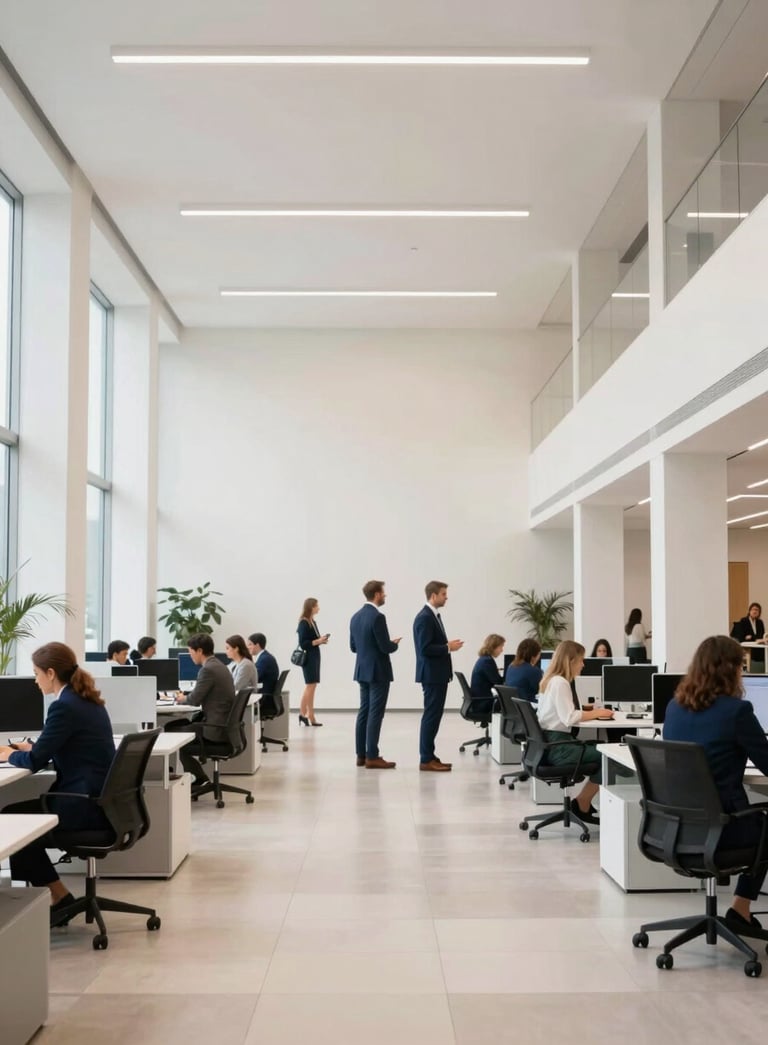 A bright and airy European Portuguese office lobby with high ceilings and minimalist decor. Professional individuals are seen in soft focus in the background, conveying a sense of collaborative trust and expertise. Colors include off-white and dark blue.