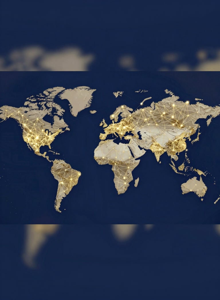 A sophisticated digital overlay of a world map with golden connectivity nodes on a deep navy background, symbolizing international trade networks, modern and globally sophisticated style, incorporating #0A2342 and #C9B07D colors.