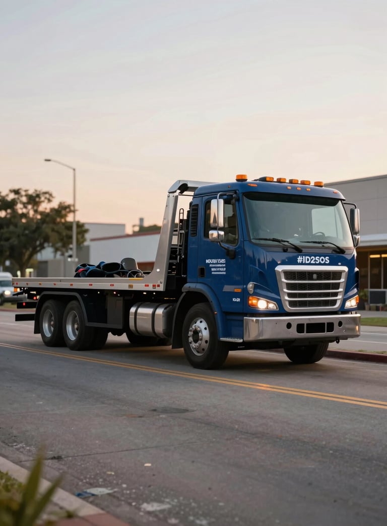 A high-quality, professional photo of a modern flatbed tow truck branded with industrial colors, parked on a Houston street during the golden hour. The composition is dynamic, emphasizing speed and reliability with deep blues like #1D2D3E.