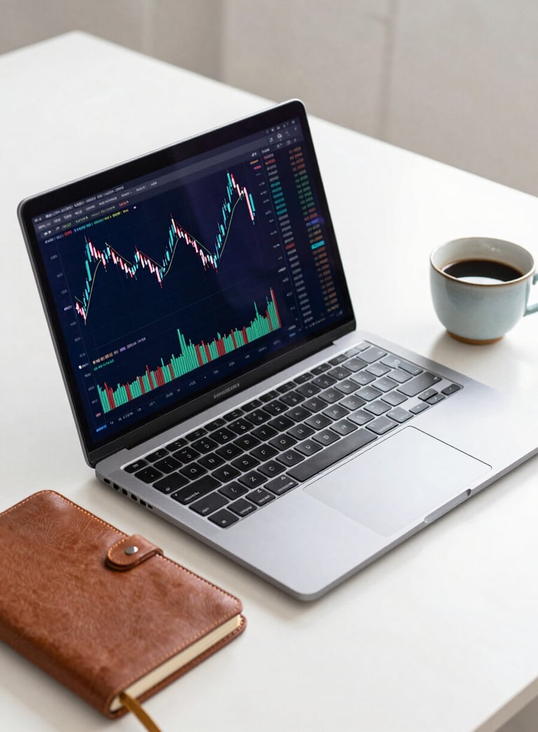 A clean, high-end desk setup with a sleek laptop displaying a financial candlestick chart. Next to the laptop is a leather-bound notebook and a ceramic cup of coffee. The lighting is bright and natural, incorporating deep midnight blue and cool porcelain tones.