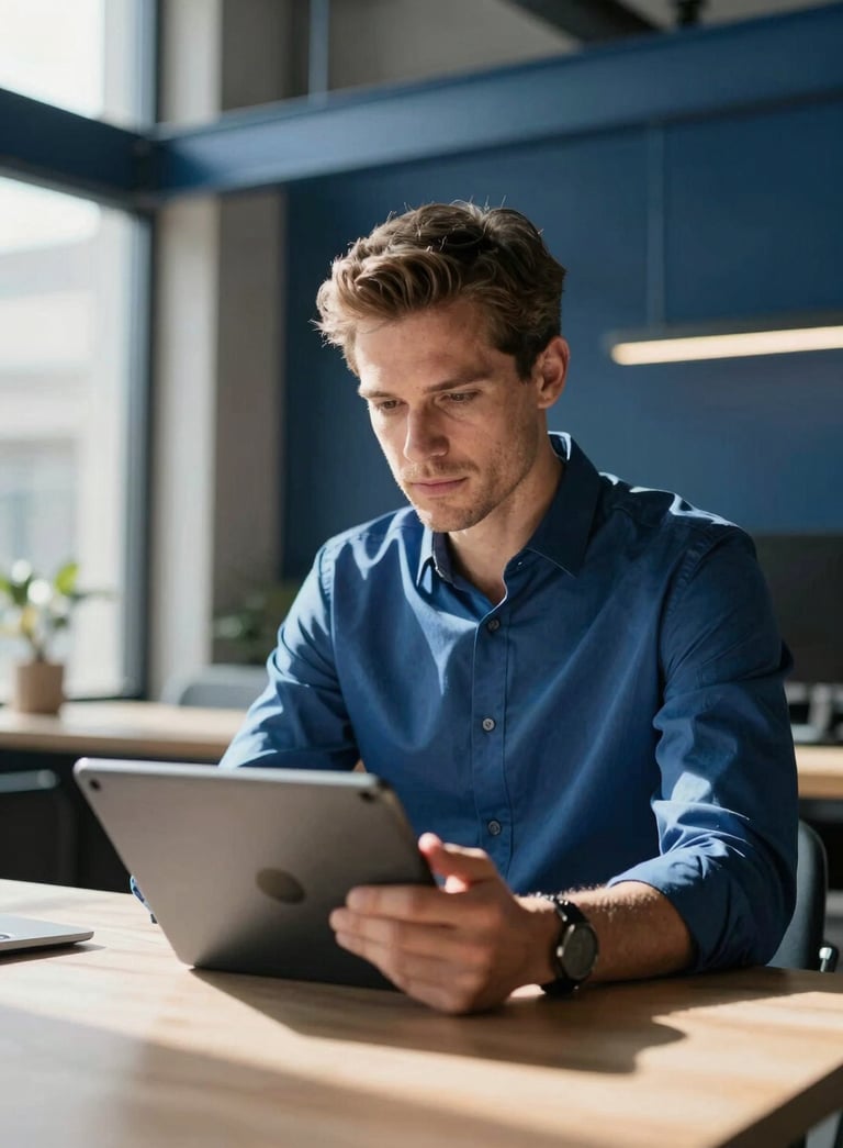 A professional American male in a smart steel blue shirt looking confidently at a tablet screen in a sunlit, modern workspace with steel blue and deep navy blue architectural details.