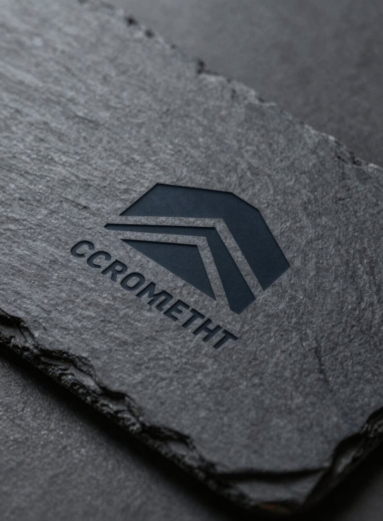 A professional minimalist logo of a construction company etched on a dark textured slate background (#2D323A), representing solidity and modern elegance.