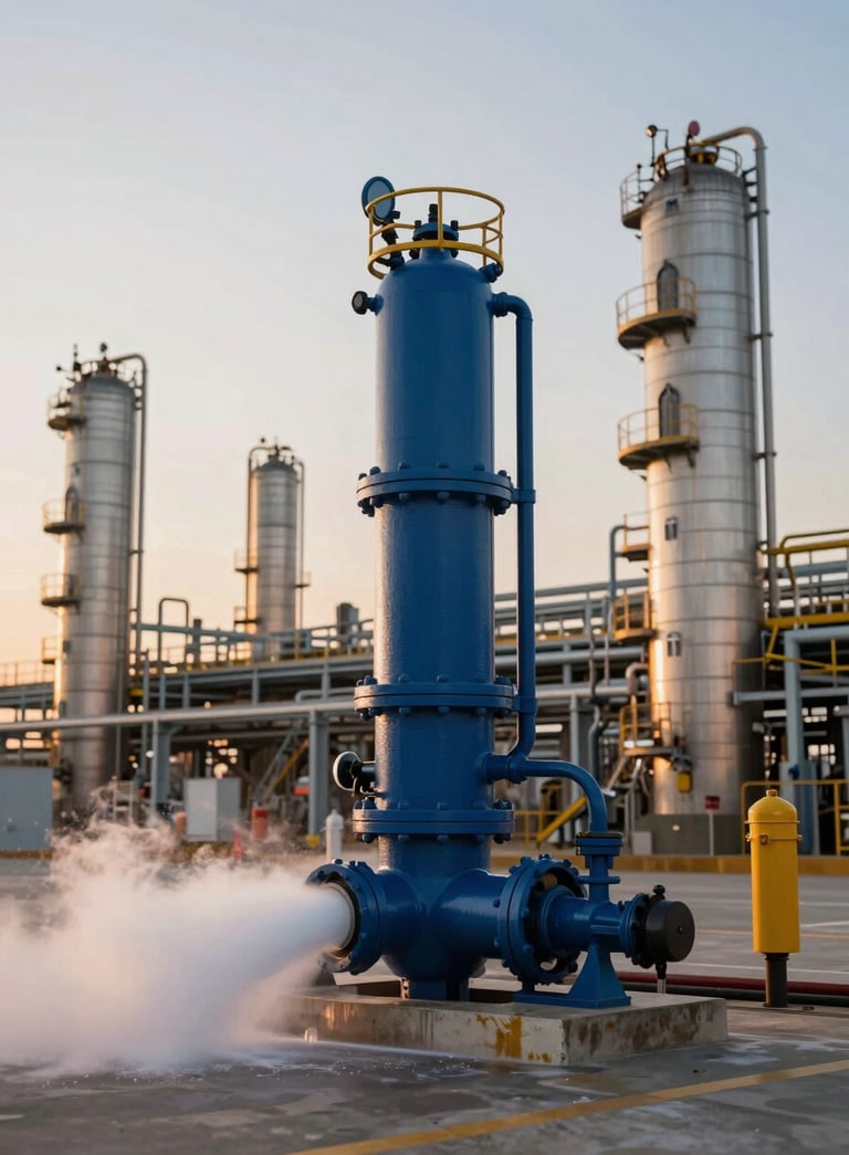 A wide shot of a large industrial fire suppression foam monitor in a petrochemical plant, sunset lighting, high-tech and professional atmosphere, incorporating brand colors #0A192F and #28425F.