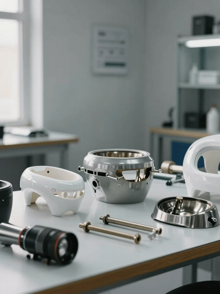 Professional appliance repair workshop with various disassembled parts on a workbench, clean Slate Gray background, natural lighting from a window, Middle Eastern / Gulf industrial park setting.