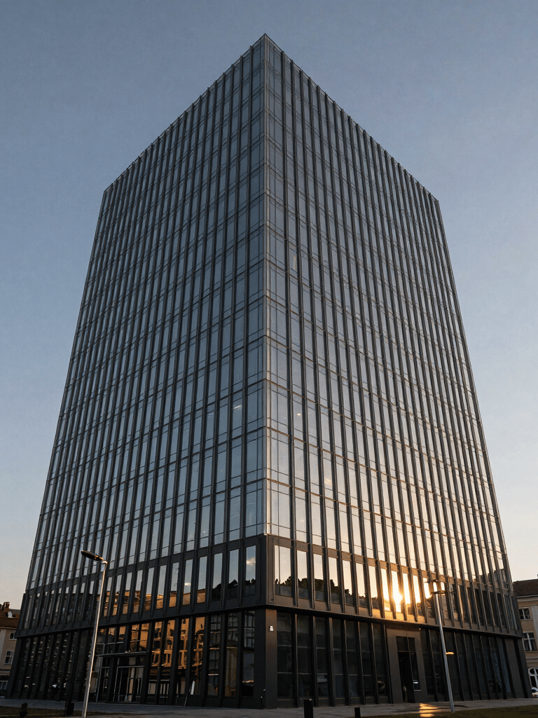 Wide shot of a sleek corporate office building in Bratislava, Central Europe, during golden hour with a clear grey blue sky and modern glass reflections.
