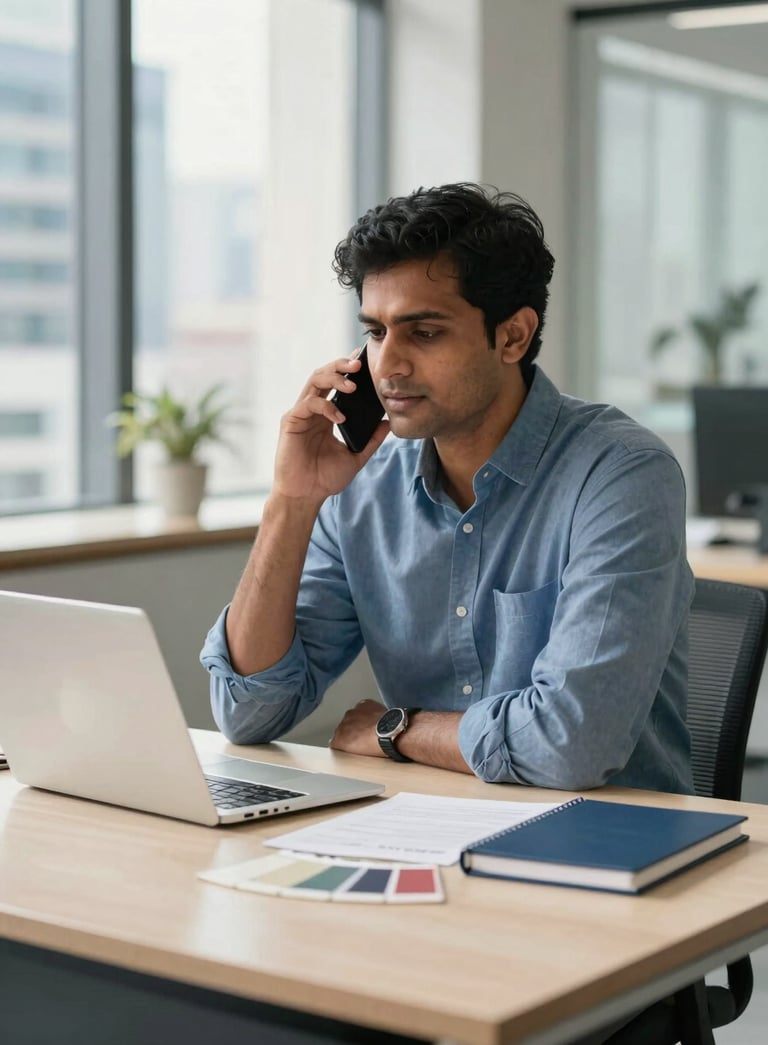 A professional South Asian consultant sitting in a modern, sunlit office in a South Asian city, looking helpful and supportive while talking on a phone. The desk has a clean laptop and professional notebooks, with a palette of off-white and medium blue tones.