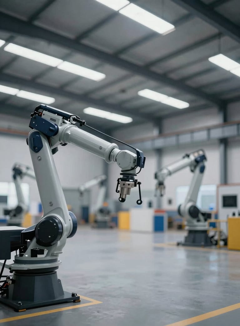 A wide-angle, sophisticated view of a modern industrial warehouse in Lahore, featuring clean lines, advanced robotic arms, and a professional lighting scheme incorporating the brand's navy and slate color palette.