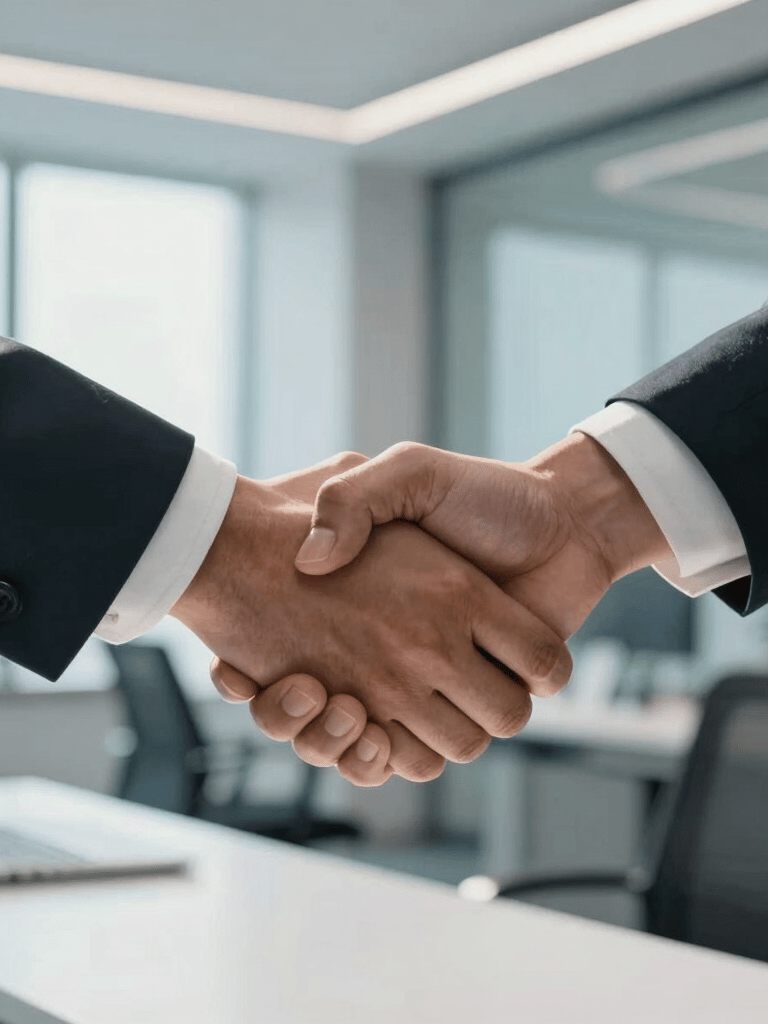 A close-up of a professional handshake in a sunlit, modern office in a South Asian tech hub. The background features a clean, sophisticated workspace with soft blue and white tones.