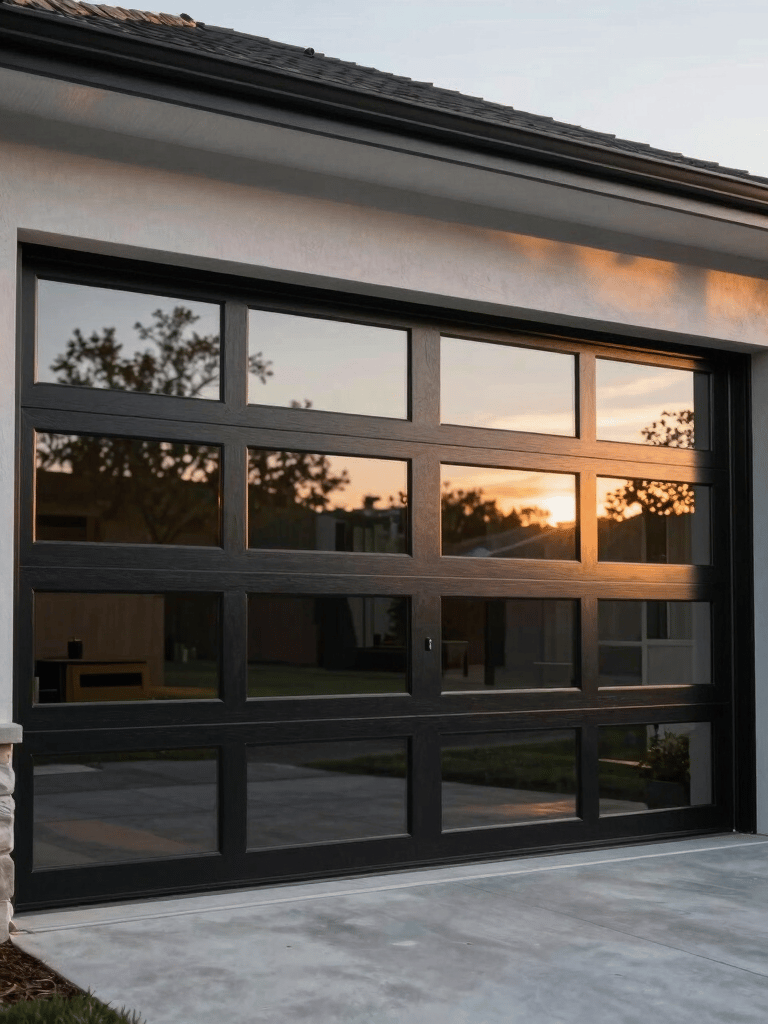 A sleek, contemporary residential black glass garage door installed on a modern light grey North American / US home. Photography taken during the golden hour with warm, inviting lighting.