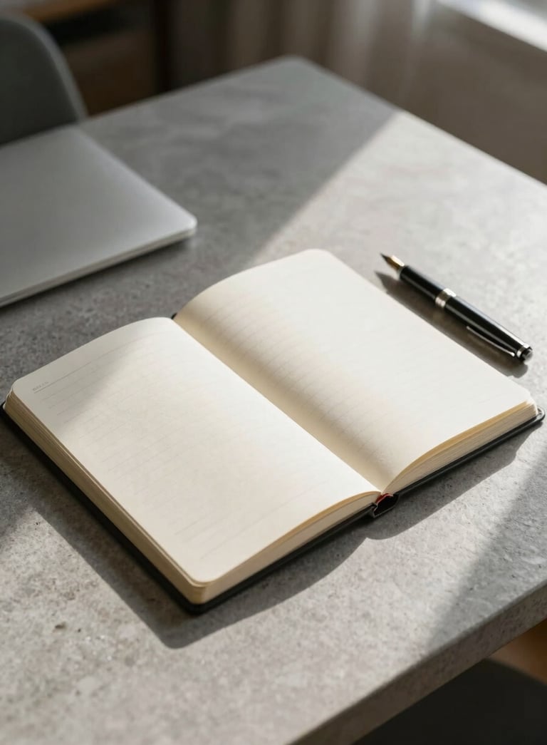 A minimalist, high-angle photograph of an open linen notebook and a sleek fountain pen on a clean, light grey stone desk in a North American home office. The lighting is soft morning sun, highlighting textures of paper and stone in a sophisticated, introspective atmosphere.